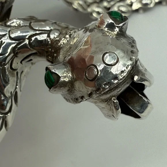 Nacho Gomez Taxco 950 Sterling Silver Rattlesnake Bracelet Malachite Eyes NWOT - Picture 16 of 17
